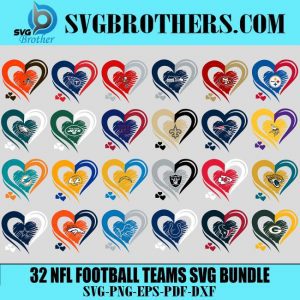32 Football Teams Heart Svg Bundle, Sport Svg, Love Football Svg, Football Heart Svg, Football Svg, Football Teams Svg, N F L Svg, Super Bowl Svg, Football Svg Bundle, Football Logo Svg