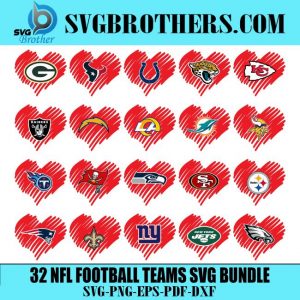 32 Football Teams In Heart Svg Bundle, Sport Svg, Love Football Svg, Football Heart Svg, Football Svg, Football Teams Svg, N F L Svg, Super Bowl Svg, Football Svg Bundle, Football Logo Svg